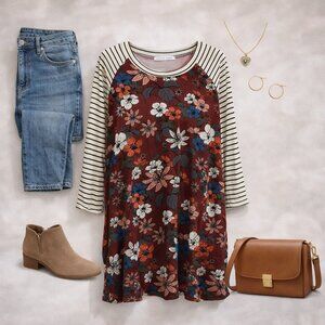 💚 Chris & Carol Floral Raglan Tunic Top Burgundy Striped Sleeves Size L